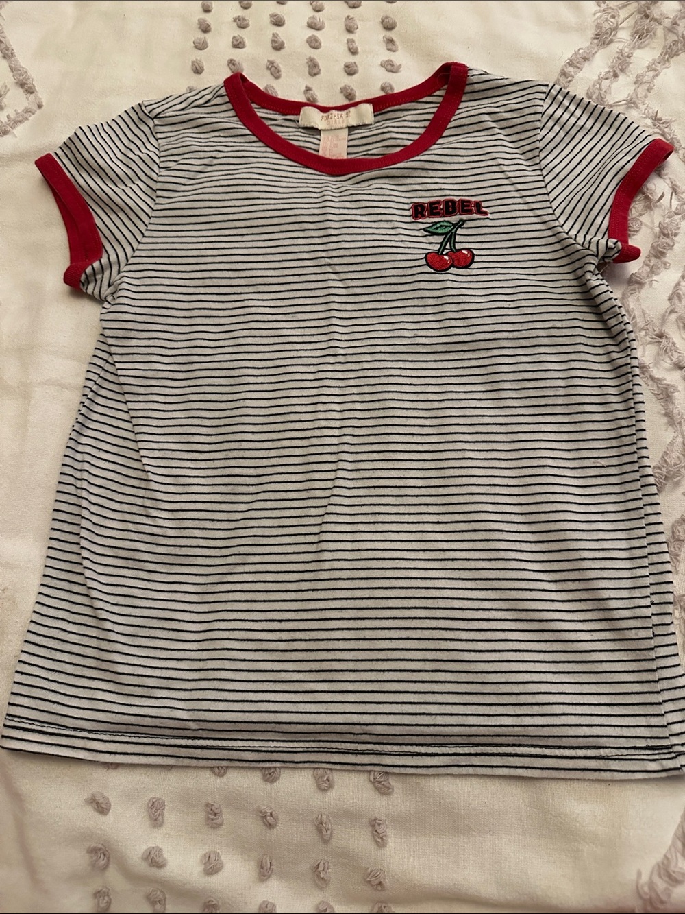 Forever 21 Black & White Striped Tee with Red Trim and Cherry Patch